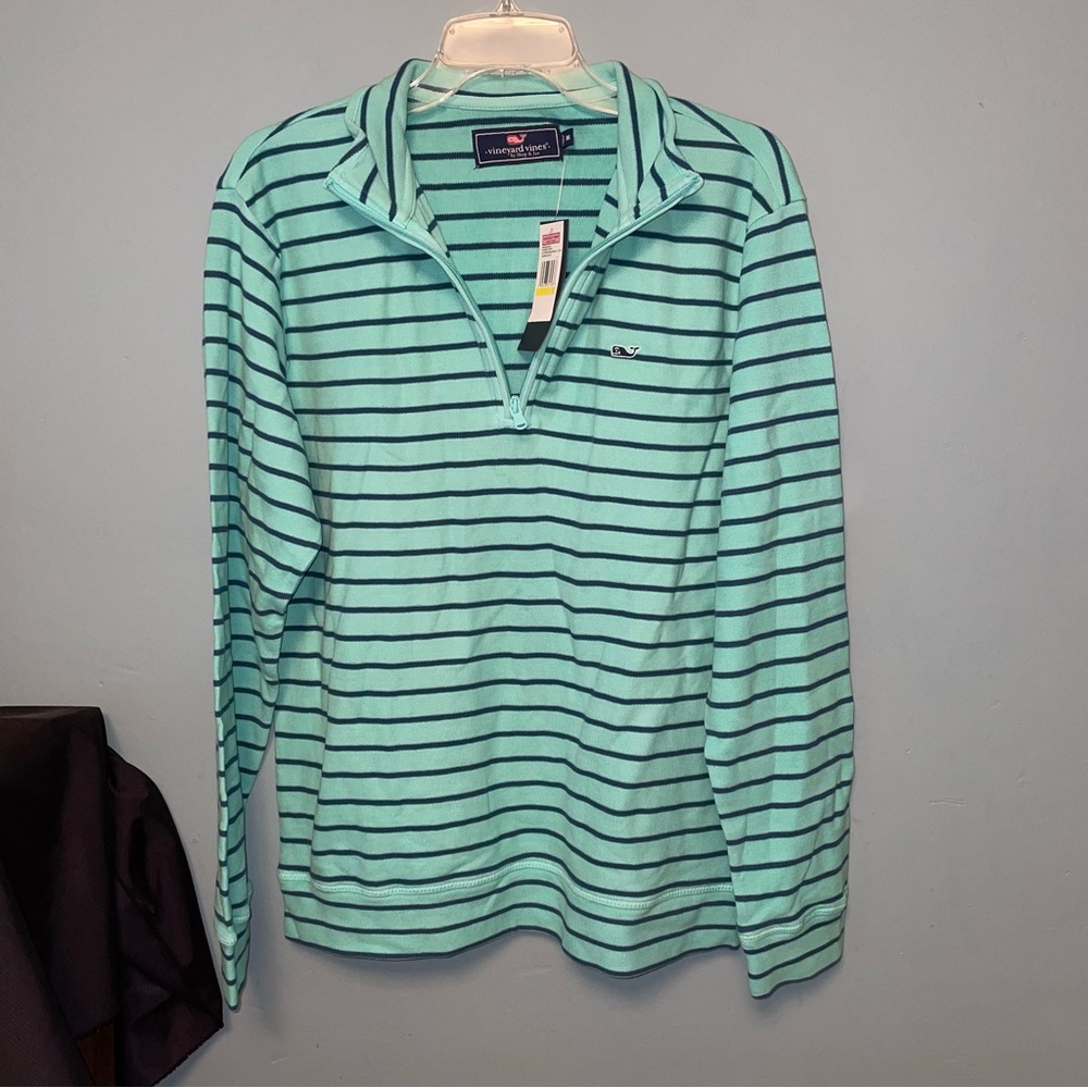 Vineyard Vines Mint Green & Navy Striped Quarter-Zip Polo